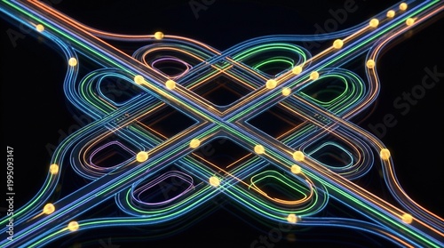 Intricate aerial view of a complex highway interchange at night with illuminated traffic.