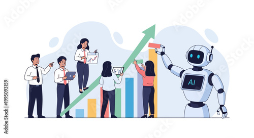 Robot and business people analyzing growth chart.