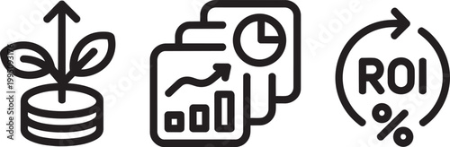 Financial growth icons plant on coins charts and ROI calculation with percentage in outline style