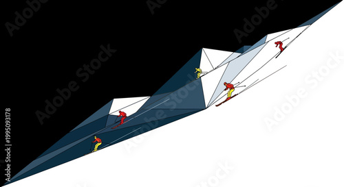Climbers ascending steep mountain slope.