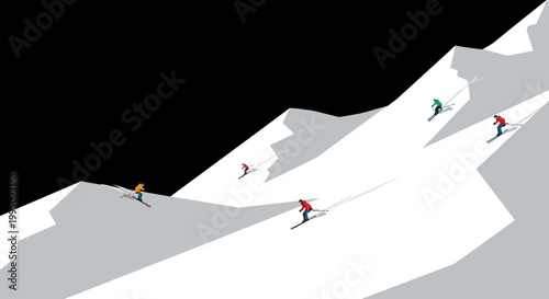 Skiers descending a snowy mountain slope.
