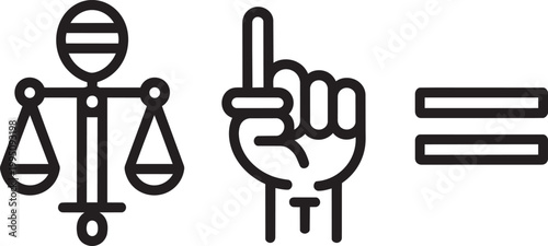 Justice and equality symbol scales of justice and pointing finger illustration with equals sign balance