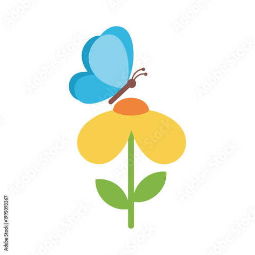 Cute blue butterfly on yellow flower, simple flat design, isolated on white background