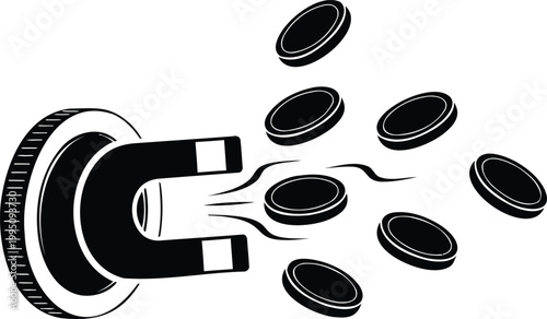 Magnet attracting coins illustration vector showing passive income growth and money magnets.
