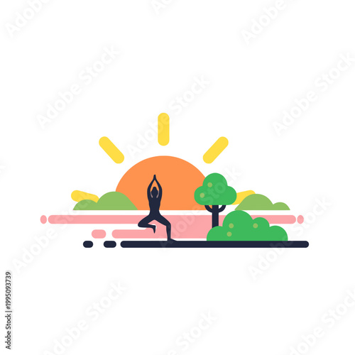 Silhouette of person doing yoga pose in serene landscape at sunrise, flat design.