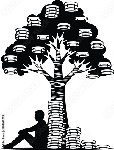 Money tree illustration with man sitting under it abundance investment concept vector.