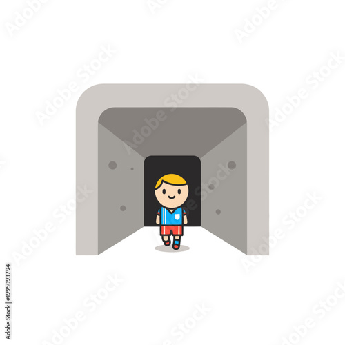 Cartoon boy in football uniform running from stadium tunnel