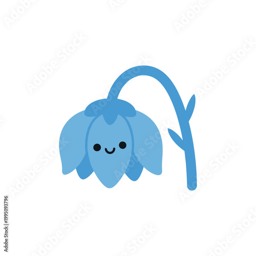 Sad Blue Flower Character with Drooping Head and Cute Face, Isolated on White