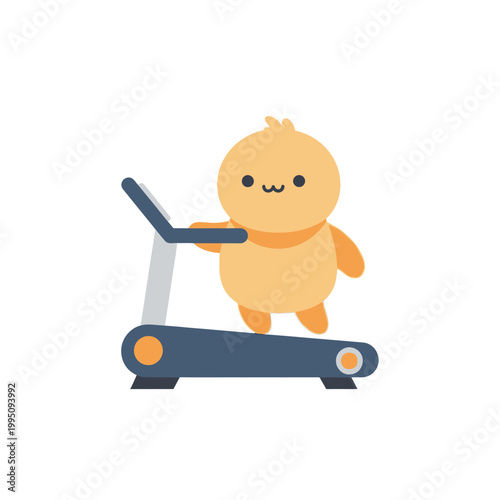 Cute cartoon chick character exercising on a treadmill, healthy lifestyle, fitness