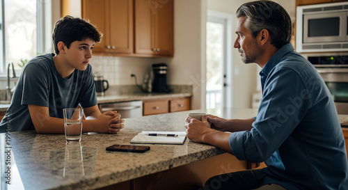 Father Having a Serious Conversation and Giving Advice to His Teenage Son at the Kitchen Island in Their Home