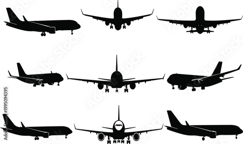 Airplane silhouette collection, passenger aircraft vector, commercial jet artwork, aviation design illustration, multiple angle views, black and white flight icons