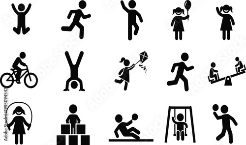 Children play silhouettes, kids activity vector, childhood fun artwork, playground illustration design, recreational icons collection, black and white playful figures