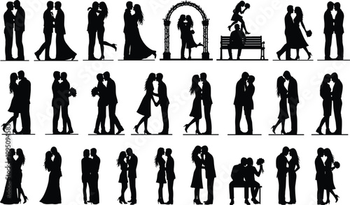 Couple silhouette collection, romantic pose vector, kissing artwork illustration, hugging design icons, love and marriage figures, black and white romance