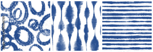 Blue Indigo Tie Dye seamless prints set of 3 modern geometric tie dye for fabric textiles