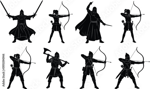 Medieval warrior silhouettes, archer vector artwork, sword fighter illustration, battle axe design, cloaked fighter pose, black and white combat figures