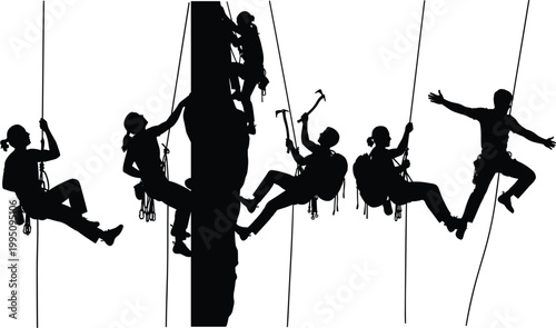 Rock climbing silhouettes, rappelling vector artwork, mountaineer illustration design, adventure sport icons, outdoor climbing activity, black and white climbers