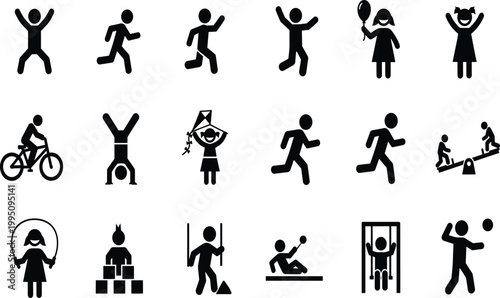 Set of children activity icons, kids playing running jumping cycling skipping rope kite flying playground vector silhouette collection design illustration
