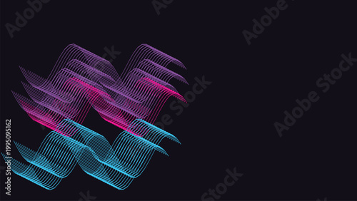 Futuristic neon sine wave data flow pattern with purple and cyan gradient curves for digital technology branding and abstract motion graphics providing a sophisticated electronic aesthetic.