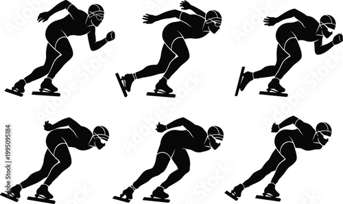 Speed skating athlete silhouettes set, winter sport action poses, ice skater racing collection, black vector illustration isolated dynamic movement