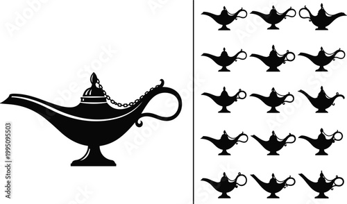 Aladdin lamp silhouettes, oil lamp vector, magic lamp artwork, antique lamp illustration, oriental design collection, black and white decorative icon