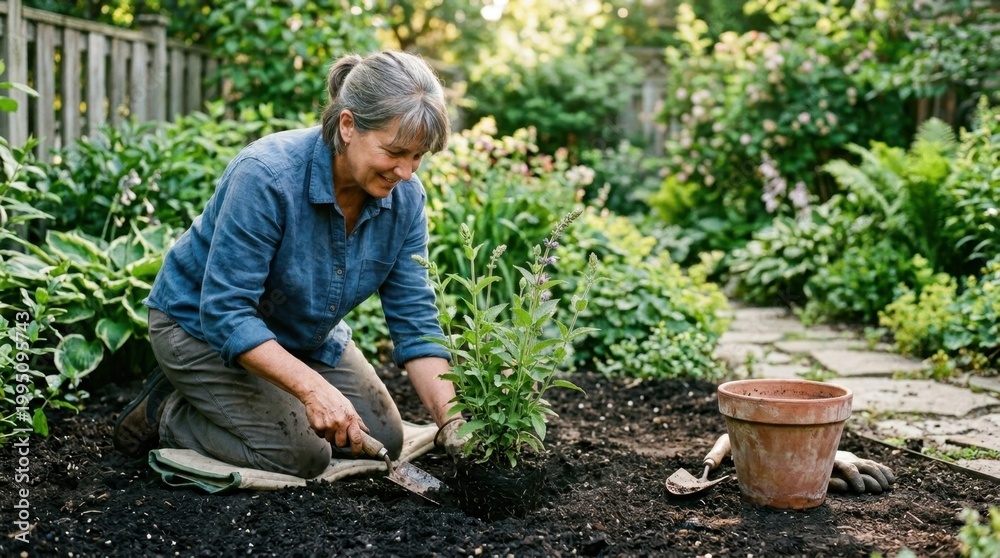 Fototapeta premium Individual planting a flowering perennial into prepared garden soil with a handheld trowel, rich black earth being gently patted around the root ball, green stems and