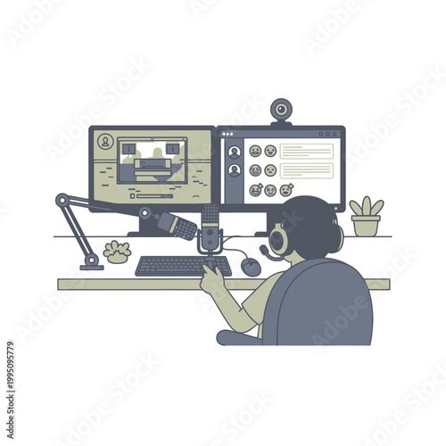 Canvastavla Gamer or streamer setup with dual monitors, microphone, webcam, and headset