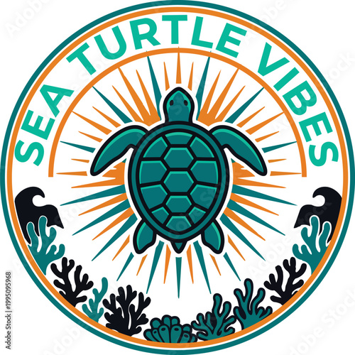 Circular sea turtle illustration with nautical sunburst and coral reef details with sea life
