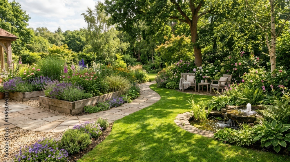 Naklejka premium Serene backyard garden with curved stone pathways winding through layered plantings, raised wooden beds overflowing with mixed perennials and ornamental grasses, small