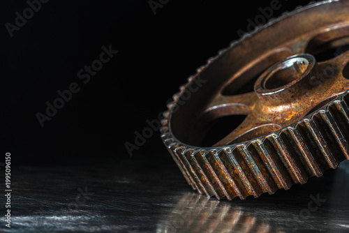 Rusty Worn Steel Gear Wheel on Reflective Metal Surface in Dark Industrial Setting