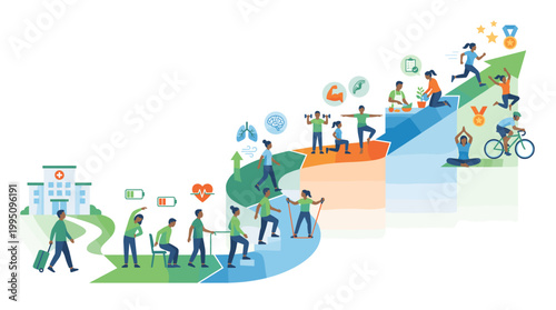 Health journey illustration with people improving wellness steps  