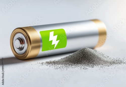 Powerful green battery and LiFePO4 powder, showcasing sustainable power components