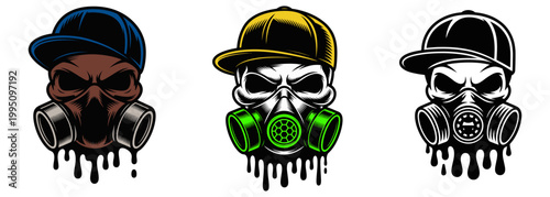 Stylized skulls with caps and gas masks in dripping graffiti art