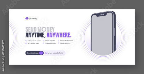 Modern Banking Service Facebook Cover Template with Mobile App Concept Web Banner