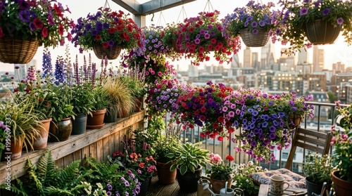 A modern apartment balcony overflowing with hanging flower baskets of cascading petunias and calibrachoa in jewel tones, wooden railing lined with tall flowering spikes