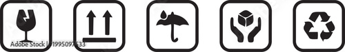 Shipping Icons: Essential symbols for safe and sustainable transport, detailing fragility, orientation, protection from moisture, careful handling, and recyclability.