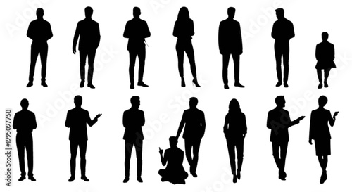 Collection of black silhouettes of people in various poses