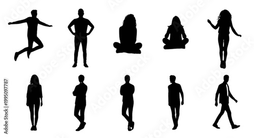 Collection of black human silhouettes in various poses