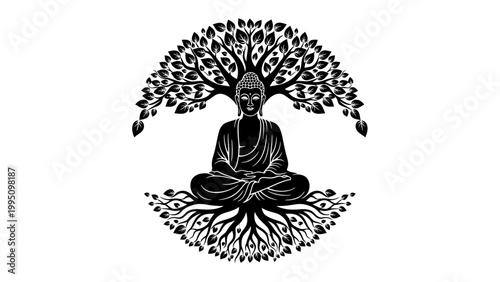 Meditating buddha silhouette beneath a tree symbolizing enlightenment