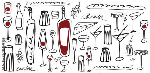 Isolated vector set of wine and alcoholic beverage glasses and tumblers. Hand drawn sketch.Red and black drawing on white background.Cocktails, martini, whiskey, cognac, vodka, gin tonic, beer, brandy