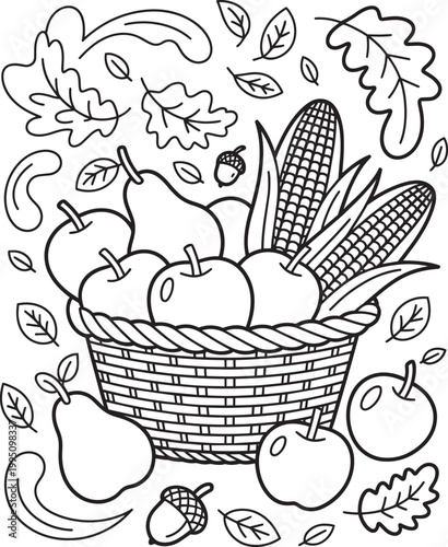 Autumn harvest basket brimming with apples pears corn cobs acorns and autumn leaves outline