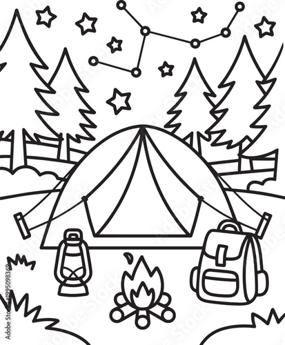 Camping scene illustration with tent campfire lantern and backpack under starry night sky in outline style