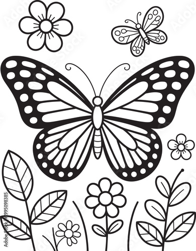 Butterfly with insects and flowers in a garden scene black and white line art coloring page in outline
