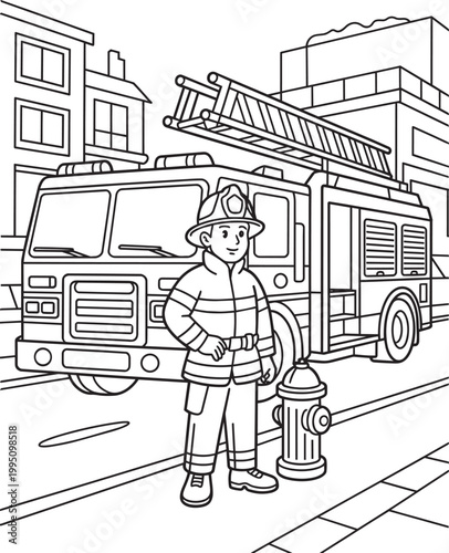 Childlike Firefighter Stands Beside Fire Truck with Ladder and Hydrant in City Scene Illustration with thank