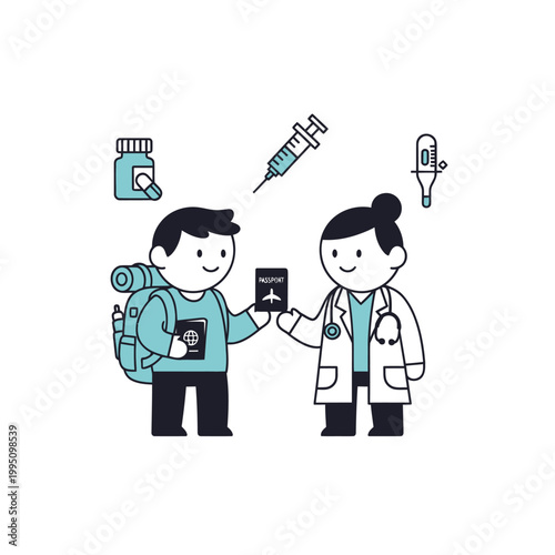 Traveler with backpack receives vaccination from doctor for safe journey