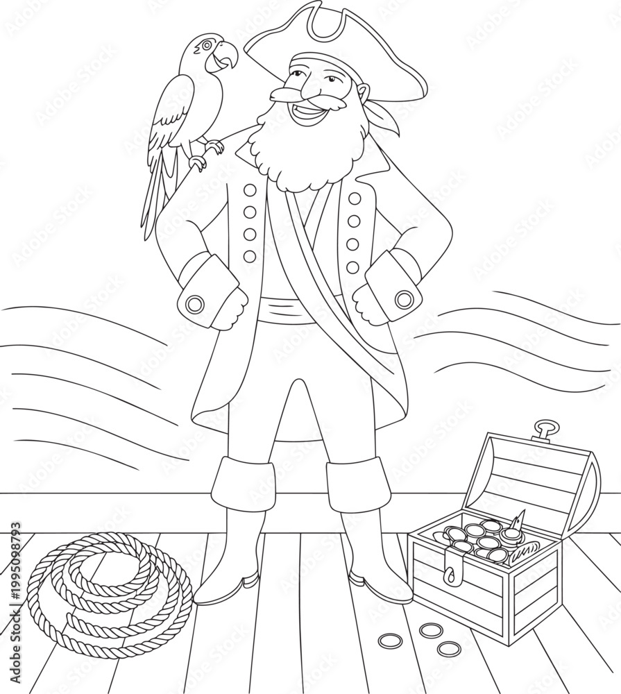 Fototapeta premium Pirate captain with parrot on shoulder stands by treasure chest and rope on wooden deck with coloring page