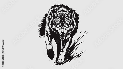 Intense black and white wolf illustration walking forward against white