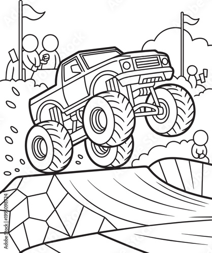 Monster truck jumping over ramps at a race event with spectators watching with race track off road