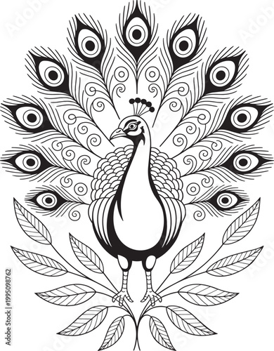 Peacock with spread tail feathers illustration in black and white ornamental line art nouveau