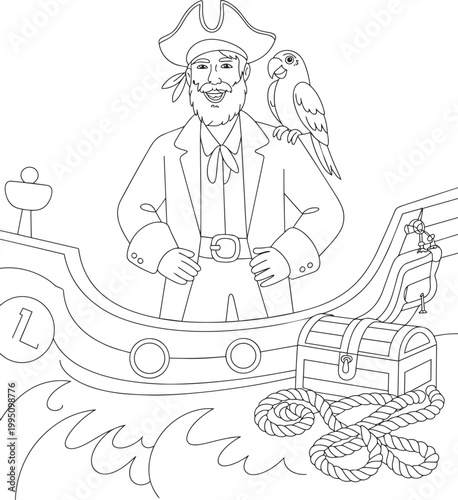 Pirate captain with parrot on ship deck near treasure chest and rope illustration with treasure hunt coloring