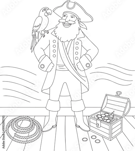Pirate captain with parrot on shoulder stands by treasure chest and rope on wooden deck with coloring page
